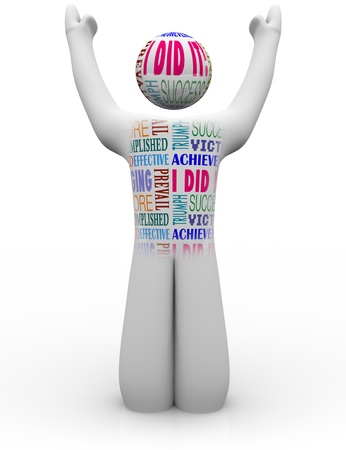 A man with arms raised is cheering with pride and glory of his accomplishment, with words symbolizing success, winning, triumph, victory and other positive concepts written on his chest and headの写真素材