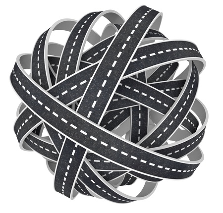 A tangled ball of black asphalt roads in a sphere representing modern congestion and urban living creating chaos and confusion for travellersの写真素材