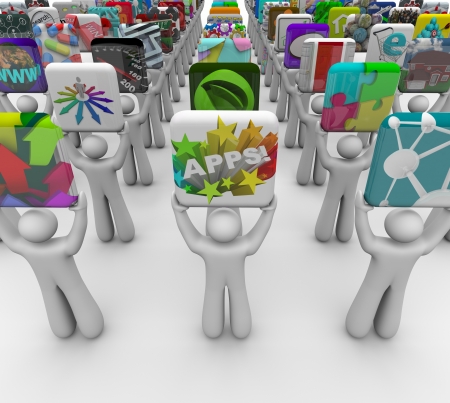 Many application developers present their apps for sale in a marketplace built for mobile phones, tablet computers and other devices to buy and download softwareの写真素材