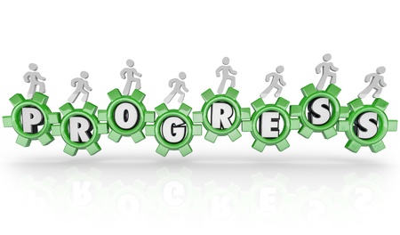 Many team members walk on gears to turn them toward Progress with letters inside each gear to symbolize advancing and improving, moving forward toward the futureの写真素材