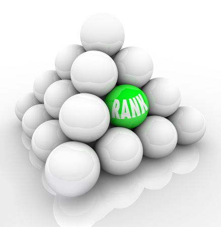 A single green ball marked Rank in the middle of many others to represent your ranking in relation and comparison to your competition or others in your marketの写真素材
