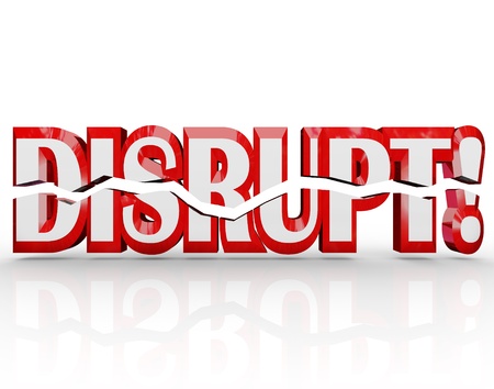 The word Disrupt in red 3D letters representing change, paradigm shift, evolution, transformationの写真素材
