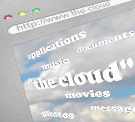 The words The Cloud on a computer screen representing remote online storage of your files, music, movies and more as well as web based applications and programsの写真素材