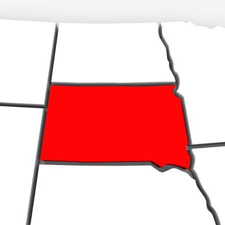 A red abstract state map of South Dakota, a 3D render symbolizing targeting the state to find its outlines and bordersの写真素材