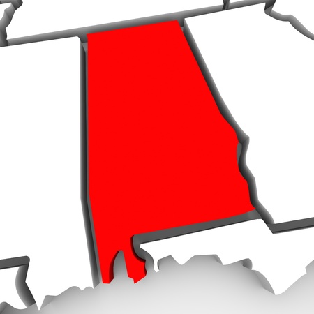 A red abstract state map of Alabama, a 3D render symbolizing targeting the state to find its outlines and bordersの写真素材