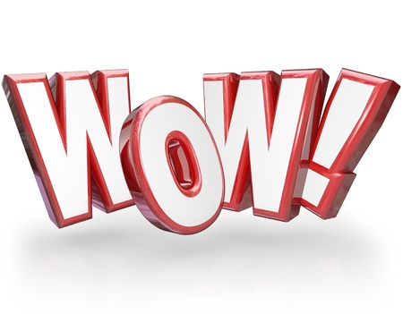 The word Wow in big red 3D letters to show surprise and astonishment at something amazing, awesome and surprisingの写真素材