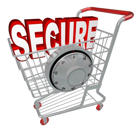 A shopping cart with the word Secure inside it and a combination lock symbolizing the protection provided by a website with security measures enactedの写真素材