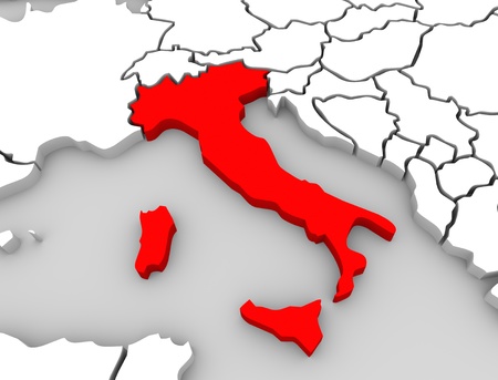 A 3d abstract map of the country or nation of Italy in central Europe surrounded by the Mediterranean Seaの写真素材