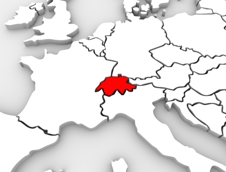 An abstract 3d map of Europe the continent and several countries, with Switzerland highlighted in redの写真素材