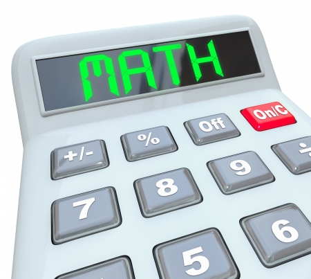 The word Math on a calculator display to symbolze using a tool to add, multiply or subtract numbers to solve a problem and answer a mathematical question or equationの写真素材