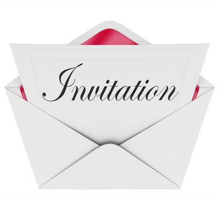 The word "Invitation" on a card in an envelope formally inviting you to a party or other special eventの写真素材