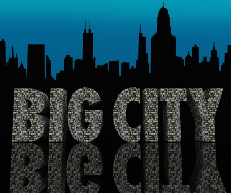 The words Big City made of skyscrapers against a metropolitan skyline of buildings in silhouette with a sunset sky behind itの写真素材