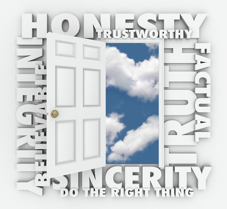 Honesty, Integrity, Believable, Trustworthy, Truth and Sincerity 3d words around a door to illustrate respectable character and good reputationの写真素材