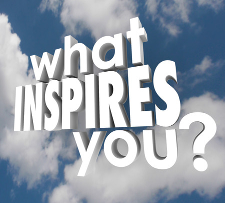 What Inspires You words in 3d letters on a background of clouds to ask what motivates you to think creatively, use your imagination and achieve successの写真素材