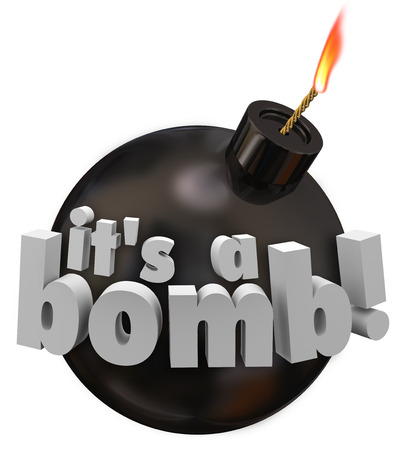 It's a Bomb words on a black round explosive weapon, or to illustrate a bad or poor performance, a bust or failure in a review or feedbackの写真素材