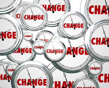 Change word on clocks passing by as evolution and innovation march on to alter, update or improve...