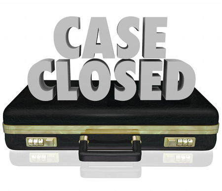 Case Closed words in 3d letters on a black leather briefcase to illustrate a lawsuit or challenge being finished, completed, concluded, dismissed or decidedの写真素材