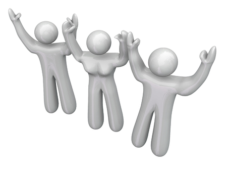 Three 3 people in 3d cheering in joy, happy at a celebration or partyの写真素材