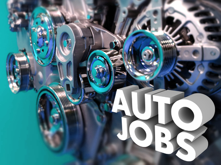 Auto Jobs words in white 3d letters on an automotive, car or vehicle engine to illustrate a career...