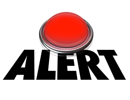 Alert word on flashing red light to convey emergency, crisis or need to be careful for safety and securityの写真素材
