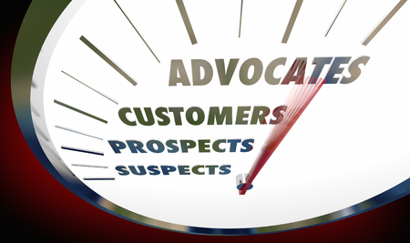 Suspects Prospects Customers Advocates Speedometer 3d Illustrationの写真素材