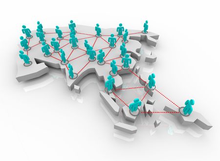 A group of people are networked atop a conceptualized map of Asia