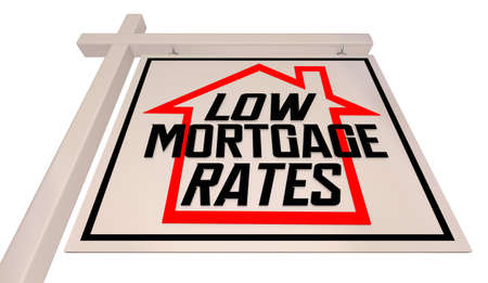 Low Mortgage Rate Interest Loan Home for Sale SIgn 3d Illustrationの写真素材