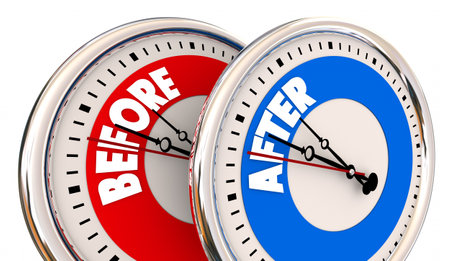 Before and After Clocks Time Passing Comparison Improvement Results 3d Illustration