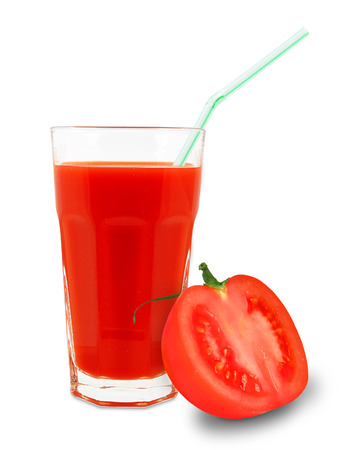 glass of tomato juice on white の写真素材