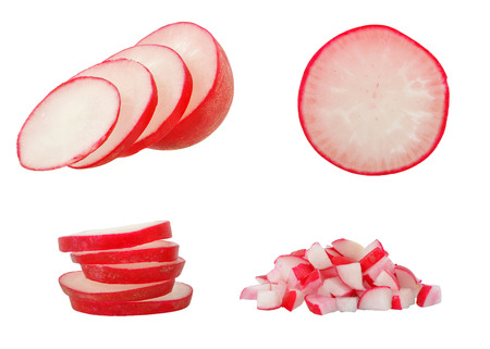 pieces of ripe radishes on a white の写真素材