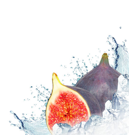figs water splash and ice cubes isolated on whiteの写真素材