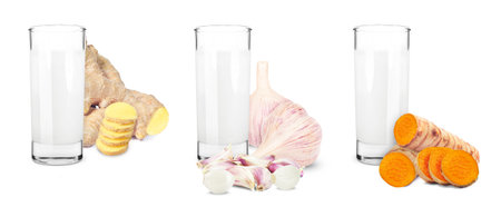 milk with ginger, turmeric and garlic isolated on white backgroundの写真素材