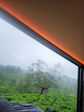 Cozy interior with a view of lush green hills, perfect for relaxation and inspiration.