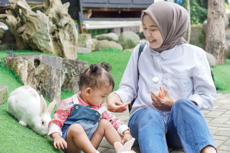 A joyful moment between an asian mother and her daughter feeding a cute rabbit outdoors.の写真素材