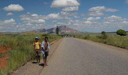 Madagascar, the road in savannah on background of mountainsのeditorial素材