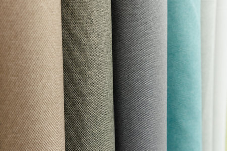 Colorful fabric samples on the shelves in a textile store, close up