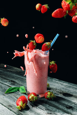 Strawberry milkshake with fresh berries on wooden background.の写真素材