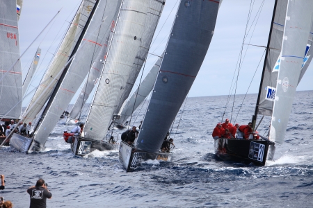 LANZAROTE, SPAIN - NOVEMBER 19: RC44 Class Association on Day 4 fleet racing in World Championship on November 19, 2011 on Puerto Calero, Lanzarote, Spainのeditorial素材