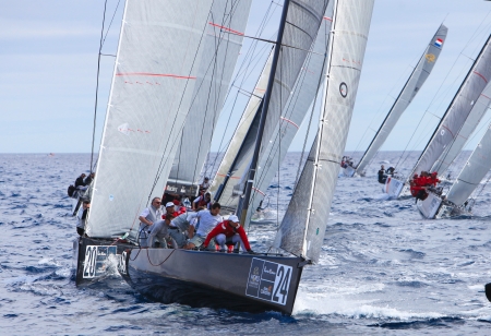 LANZAROTE, SPAIN - NOVEMBER 19: RC44 Class Association on Day 4 fleet racing in World Championship on November 19, 2011 on Puerto Calero, Lanzarote, Spainのeditorial素材
