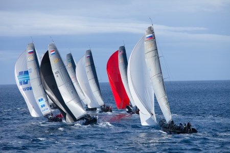 LANZAROTE, SPAIN - NOVEMBER 19: RC44 Class Association on Day 4 fleet racing in World Championship on November 19, 2011 on Puerto Calero, Lanzarote, Spainのeditorial素材