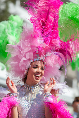 LANZAROTE, SPAIN - FEB 14: Women in costumes at the Carnival in Arrecife, on February 14, 2015. Lanzarote, Canaries islands, Spain.のeditorial素材
