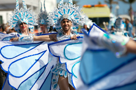 LANZAROTE, SPAIN - FEB 14: Women in costumes at the Carnival in Arrecife, on February 14, 2015. Lanzarote, Canaries islands, Spain.のeditorial素材