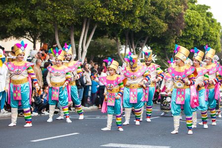 LANZAROTE, SPAIN - Feb, 12: Woman in Carnival costumes at the Grand Carnival Parade on February 12, 2018 in Arrecife, Lanzarote, Canaries Islands, Spain.のeditorial素材