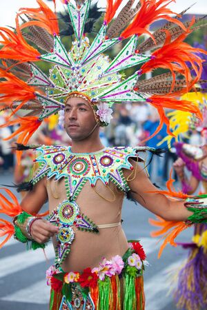 LANZAROTE, SPAIN - Feb, 12: Man in Carnival costumes at the Grand Carnival Parade on February 12, 2018 in Arrecife, Lanzarote, Canaries Islands, Spain.のeditorial素材