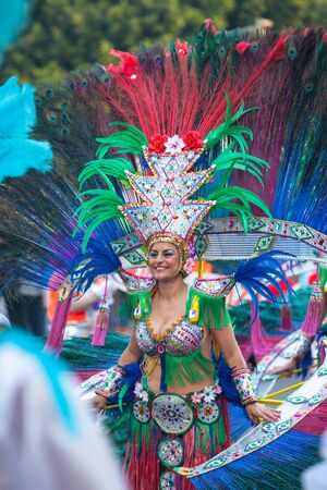 LANZAROTE, SPAIN - Feb, 12: Woman in Carnival costumes at the Grand Carnival Parade on February 12, 2018 in Arrecife, Lanzarote, Canaries Islands, Spain.のeditorial素材