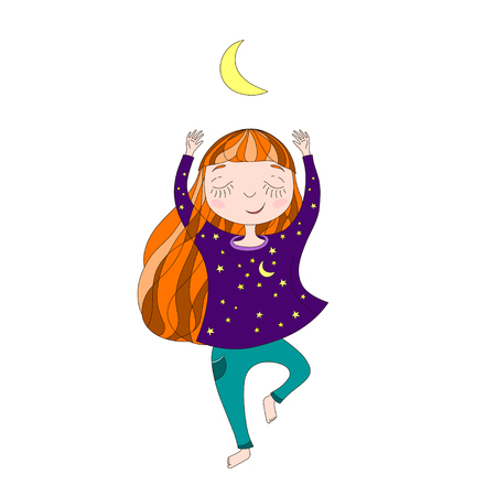 Cute little girl exercising yoga under the moon. Detailed vector graphic hand drawn beautiful illustration.のイラスト素材