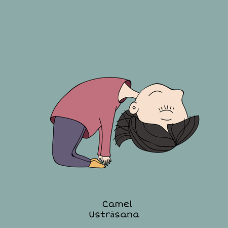 Cute little girl is practicing yoga. Kid in camel pose. Cartoon Vector illustrationのイラスト素材