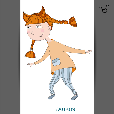 funny horoscope for girls. cute girl in the form of zodiac sign. outline drawing in cartoon style.taurusのイラスト素材
