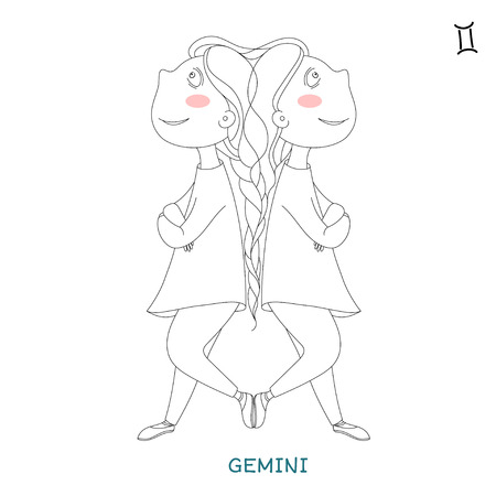 funny horoscope for girls. cute girl in the form of zodiac sign. outline drawing in cartoon style. Geminiのイラスト素材