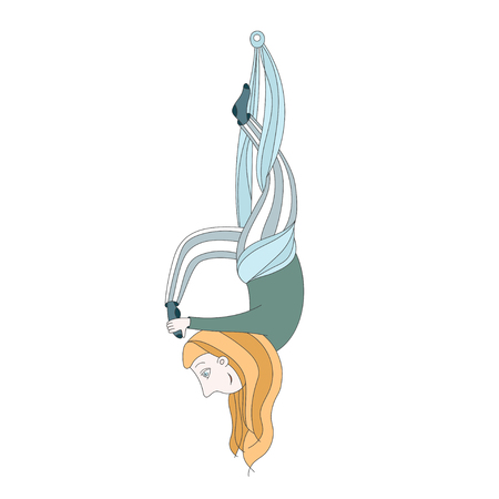 illustration of a cute girl doing aerial yoga. flying yoga kidsのイラスト素材